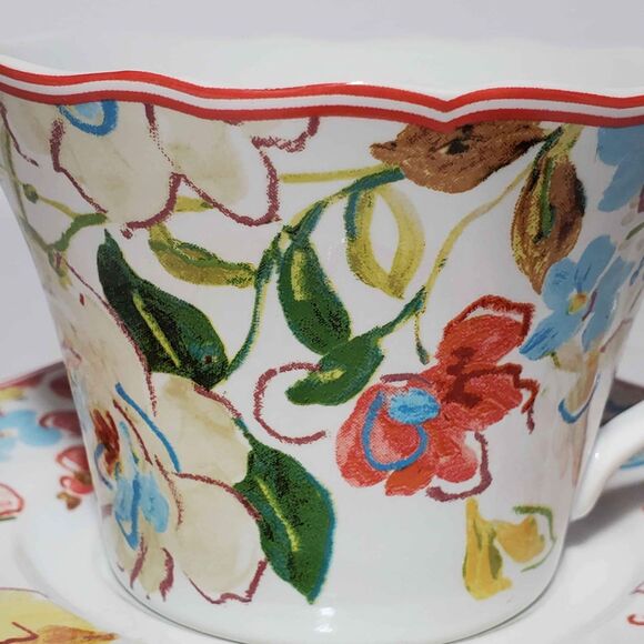 222 Fifth Teacup and Saucer Orange and Blue Flowers - Picture 3 of 7